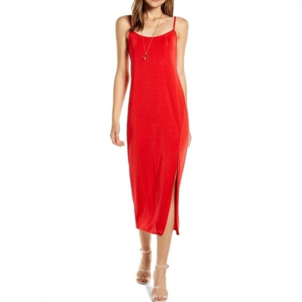 Something Navy Womens Red Spaghetti Strap Side Slit Midi Slip Dress Size Small